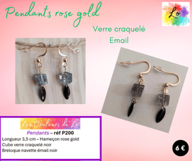 Boucles pendants rose gold verre craquelé noir émail noir Les Couleurs de Lo