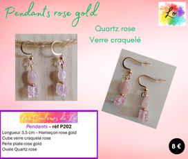 Boucles pendants rose gold Quartz rose verre craquelé rose perle métal Les Couleurs de Lo