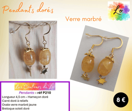 Boucles pendants dorés verre marbré jaune étoile acier Les Couleurs de Lo