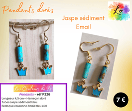 Boucles pendants dorés tube Jaspe sédiment bleu couronne émail bleu clair Les Couleurs de Lo