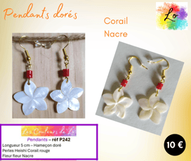 Boucles pendants dorés Corail rouge fleur Nacre Les Couleurs de Lo