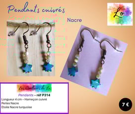Boucles pendants cuivrés Nacre étoile Nacre turquoise Les Couleurs de Lo