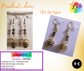 Boucles pendants dorés Œil de tigre Les Couleurs de Lo