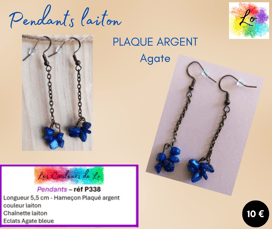 Boucles pendants Plaqué argent laiton chaînette Agate bleue Les Couleurs de Lo
