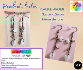 Boucles pendants Plaqué argent laiton chaînette Nacre Zircon Pierre de lune Les Couleurs de Lo