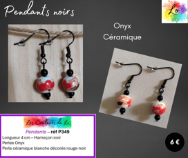 Boucles pendants noirs Onyx céramique décorée Les Couleurs de Lo