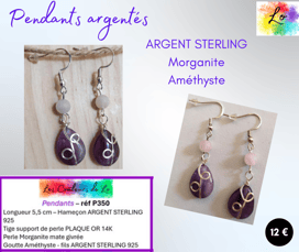 Boucles pendants Argent sterling Morganite Améthyste Les Couleurs de Lo