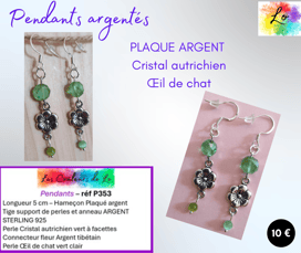 Boucles pendants Plaqué argent Cristal vert fleur Argent tibétain Œil de chat Les Couleurs de Lo