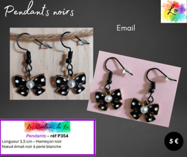 Boucles pendants noirs nœud émail noir avec perle blanche Les Couleurs de Lo