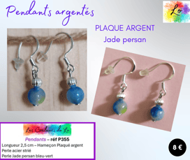 Boucles pendants Plaqué argent perle striée Jade persan Les Couleurs de Lo