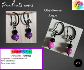 Boucles pendants noirs Obsidienne Jaspe violet Les Couleurs de Lo