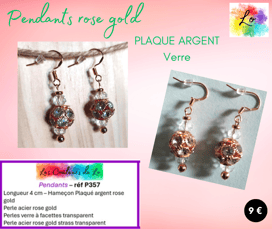 Boucles pendants Plaqué argent rose gold verre à facette strass verre transparent Les Couleurs de Lo