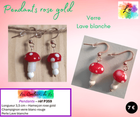 Boucles pendants rose gold champignon verre Lave blanche Les Couleurs de Lo