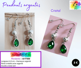 Boucles pendants argentés perle à reliefs goutte cristal vert Les Couleurs de Lo