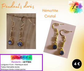 Boucles pendants dorés Hématite cristal parme Les Couleurs de Lo