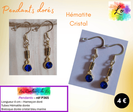 Boucles pendants dorés Hématite cristal bleu marine Les Couleurs de Lo