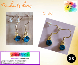 Boucles pendants dorés cristal turquoise Les Couleurs de Lo