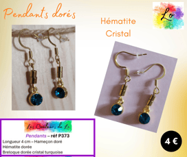 Boucles pendants dorés Hématite dorée cristal turquoise Les Couleurs de Lo