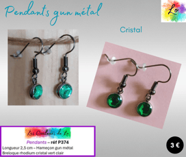 Boucles pendants gun métal cristal vert Les Couleurs de Lo