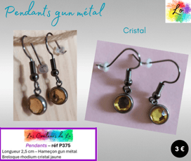 Boucles pendants gun métal cristal jaune Les Couleurs de Lo