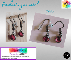 Boucles pendants gun métal cristal rose Les Couleurs de Lo