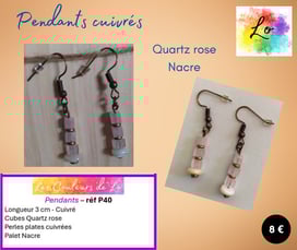 Boucles pendants cuivrés Quartz rose Nacre Les Couleurs de Lo