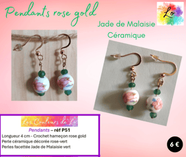 Boucles pendants rose gold céramique décorée Jade de Malaisie vert Les Couleurs de Lo