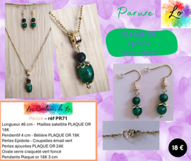 Parure Plaqué or Epidote émail verre craquelé vert Les Couleurs de Lo