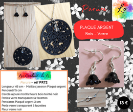 Parure Plaqué argent pendentif bois noir verre transparent fleur verre noir Les Couleurs de Lo