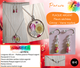 Parure Plaqué argent pendentif fleurs séchées Citrine goutte verre marbré rouge Les Couleurs de Lo