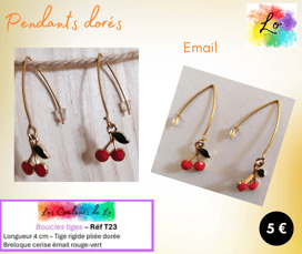 Boucles pendants tige pliée dorée cerise émail Les Couleurs de Lo