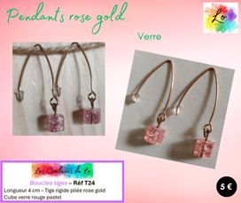 Boucles pendants tige pliée rose gold verre rouge pastel Les Couleurs de Lo