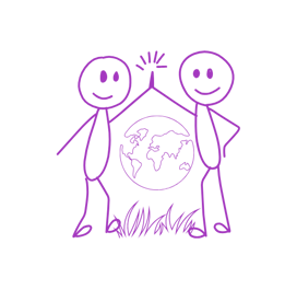 Two male stick figures giving each other high-fives with earth in the distance between them.