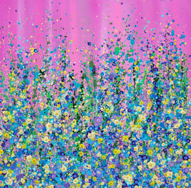 a painting of a field with flowers and a pink background