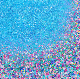 a painting of a field with flowers and a blue sky