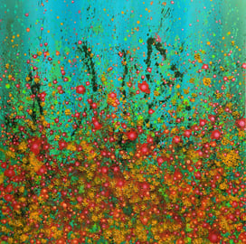 a painting of a field with flowers and trees
