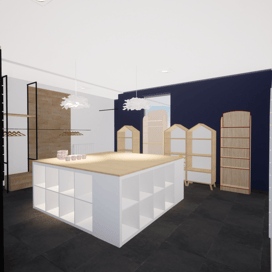 Image du projet de rénovation de l'espace central avec des suspensions et des étagères