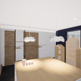 Image du projet de rénovation avec un mur bleu, des suspensions et des étagères