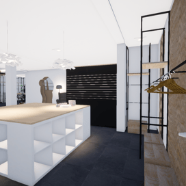 Image du projet de rénovation avec des étagères, des suspensions et un plan de travail 
