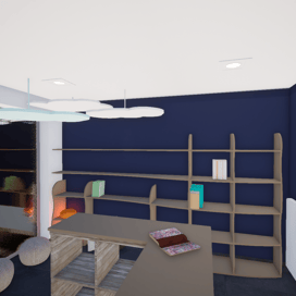 Image du projet de transformation avec des étagères arrondies, des nuages au plafond et un luminaire