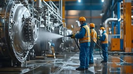 Des hommes portants un gilet de sécurité jaune pulvérisant de l'eau sur une grande machine