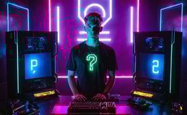 Jovem recepcionista com interrogação na camisa, segurando teclado entre desktops, Only Goods Pro 2025.