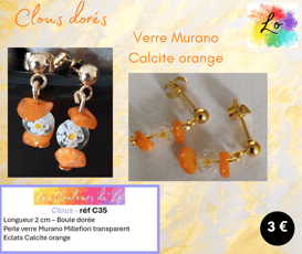 Boucles clous dorés verre Murano Millefiori Calcite orange Les Couleurs de Lo
