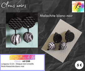 Boucles clous noirs Malachite blanc-noir Les Couleurs de Lo