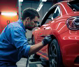 a man in a blue shirt is painting a car at fix collision center