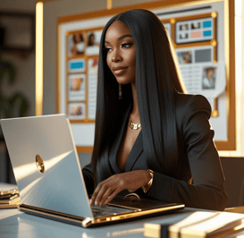 a woman in a suit and a laptop computer