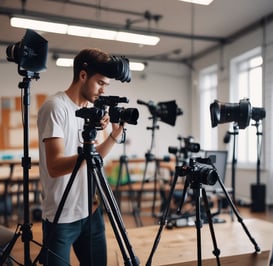 A laptop displaying video editing software on a desk, accompanied by a smartphone, a notepad with a pen, and a coffee mug with a motivational quote. The background shows a modern office environment with glass panels and some blurred details.