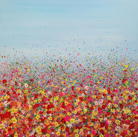 a painting of a field with flowers and a sky background