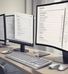 A MacBook Pro laptop displaying a software development environment with code on the screen. The desktop interface includes a smartphone emulator showing various application screens. The scene conveys a tech-focused workspace on a wooden surface.