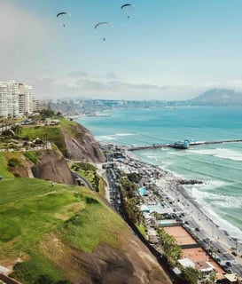 View of Lima and the vibrant Miraflores district, with its modern buildings and seaside promenade in Peru.